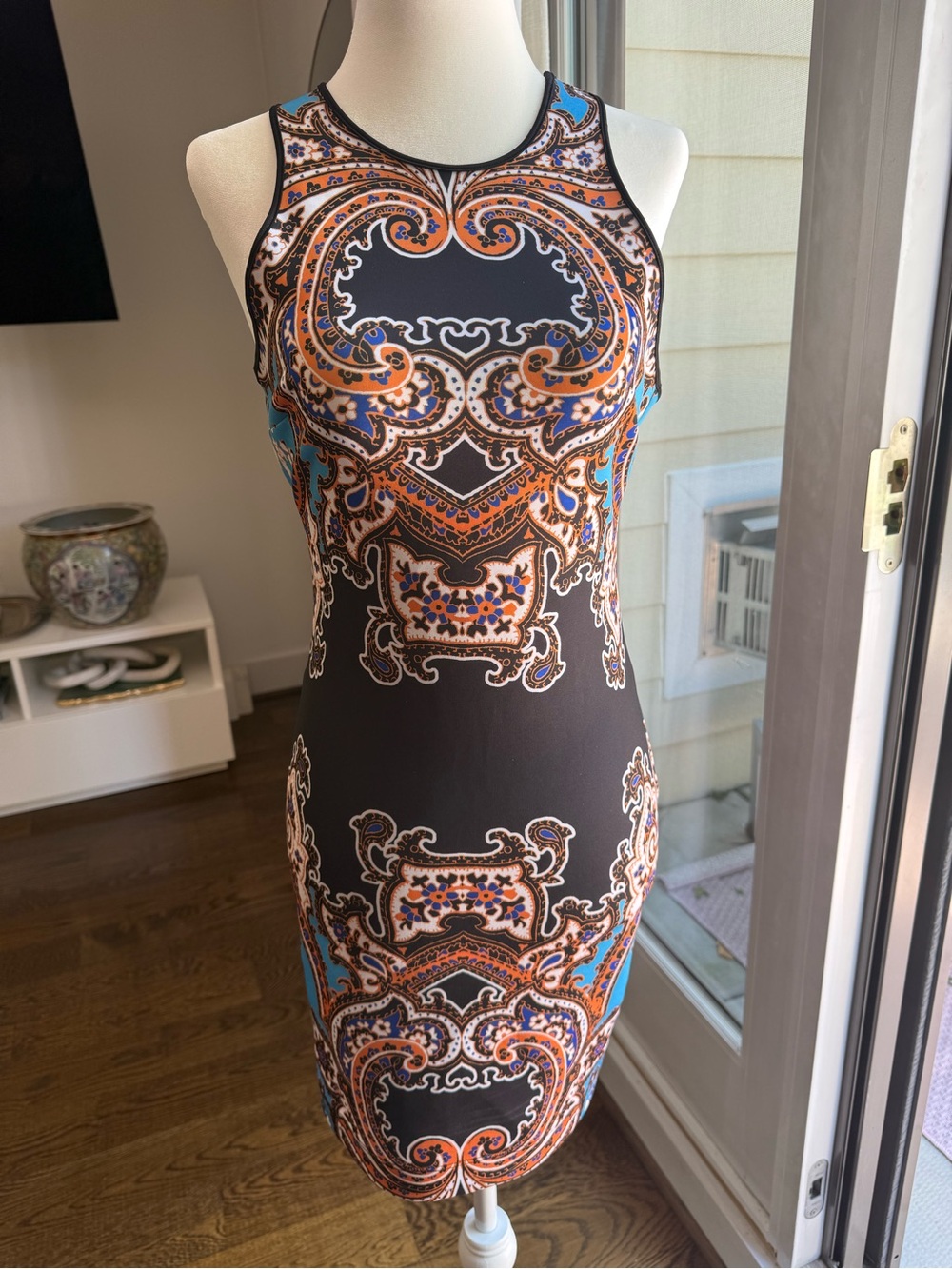 Clover Canyon Black Midi Dress with Blue and Orange Paisley Motif